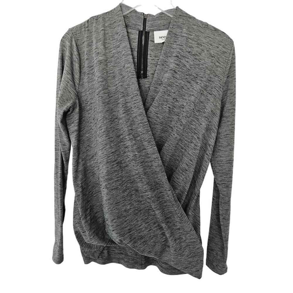 Seed Heritage Heathered Gray Faux Wrap Long Sleeve Blouse Extra Small Minimalist